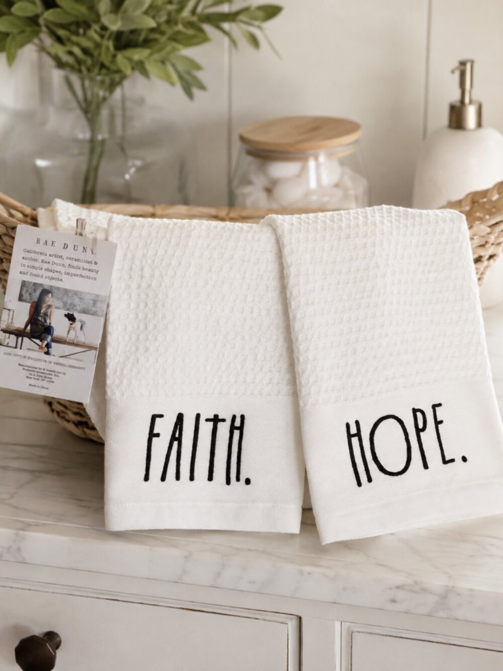 Rae Dunn Faith Hope Kitchen Towels Set of 2 NWT Farmhouse Decor